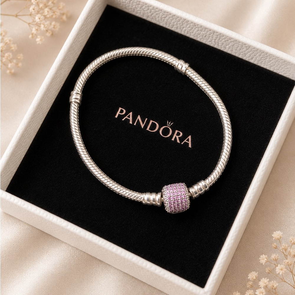 Pandora Silver Bracelet with Pink Pavé Charm
